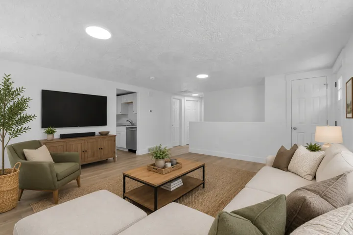 Virtually staged. Wood-finish flooring throughout the main living area