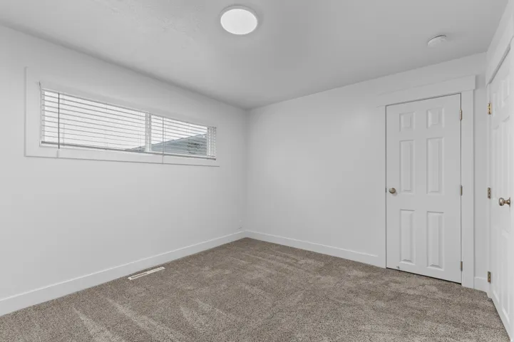 White walls, carpet flooring, base molding, ceiling-mounted light fixture, and a window with blinds