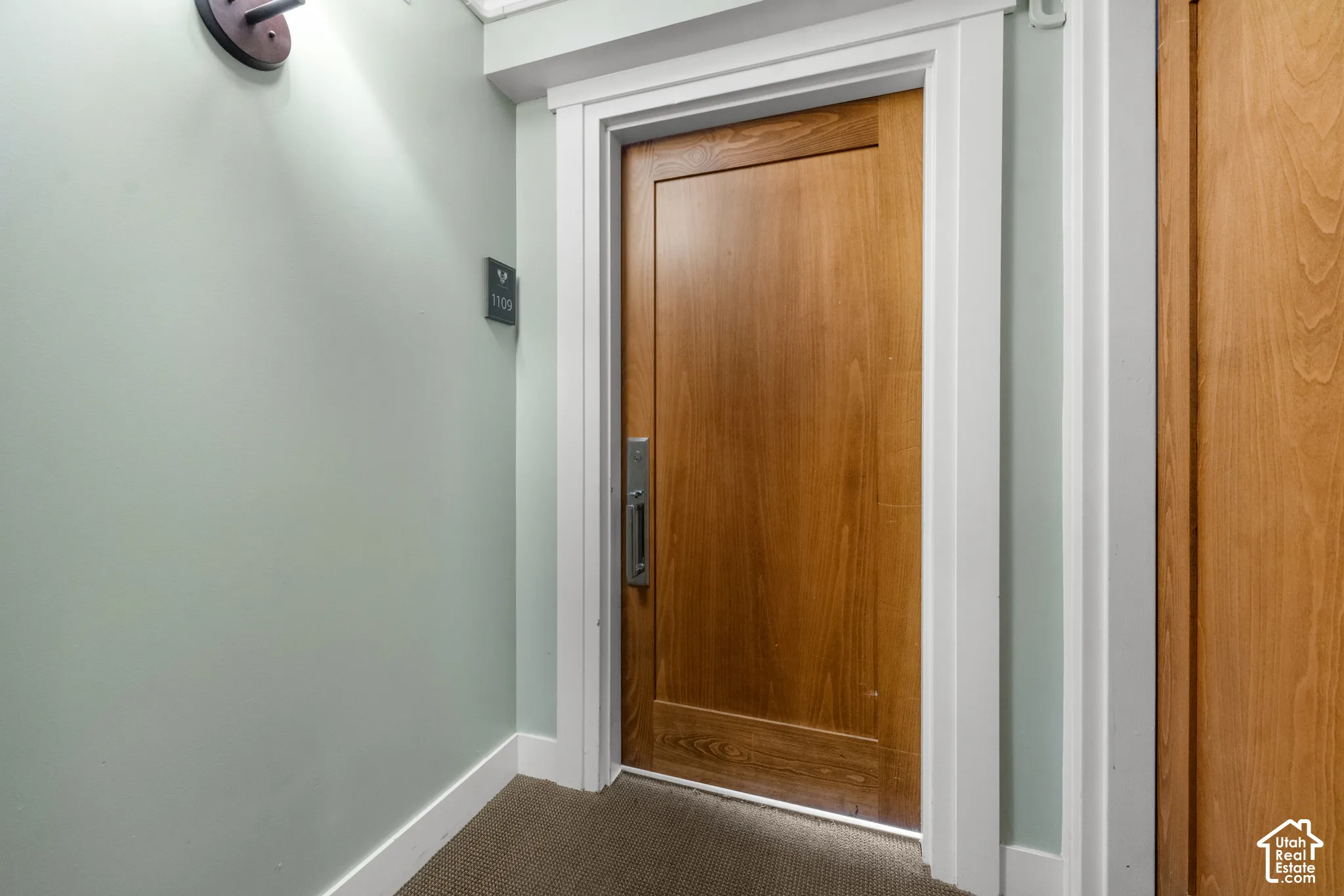 Wood-finish door with a flat panel design and a recessed pull handle, framed by white trim