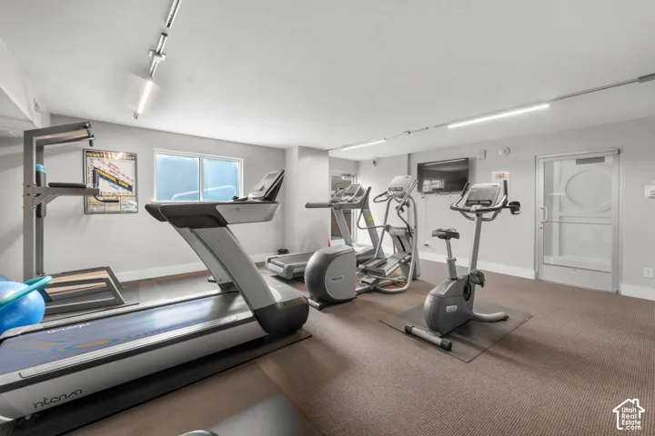 Fitness area featuring carpeted flooring and track lighting