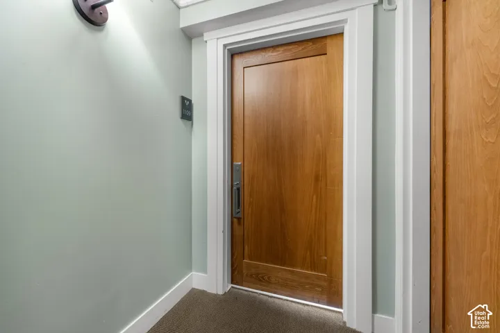 Wood-finish door with a flat panel design and a recessed pull handle, framed by white trim