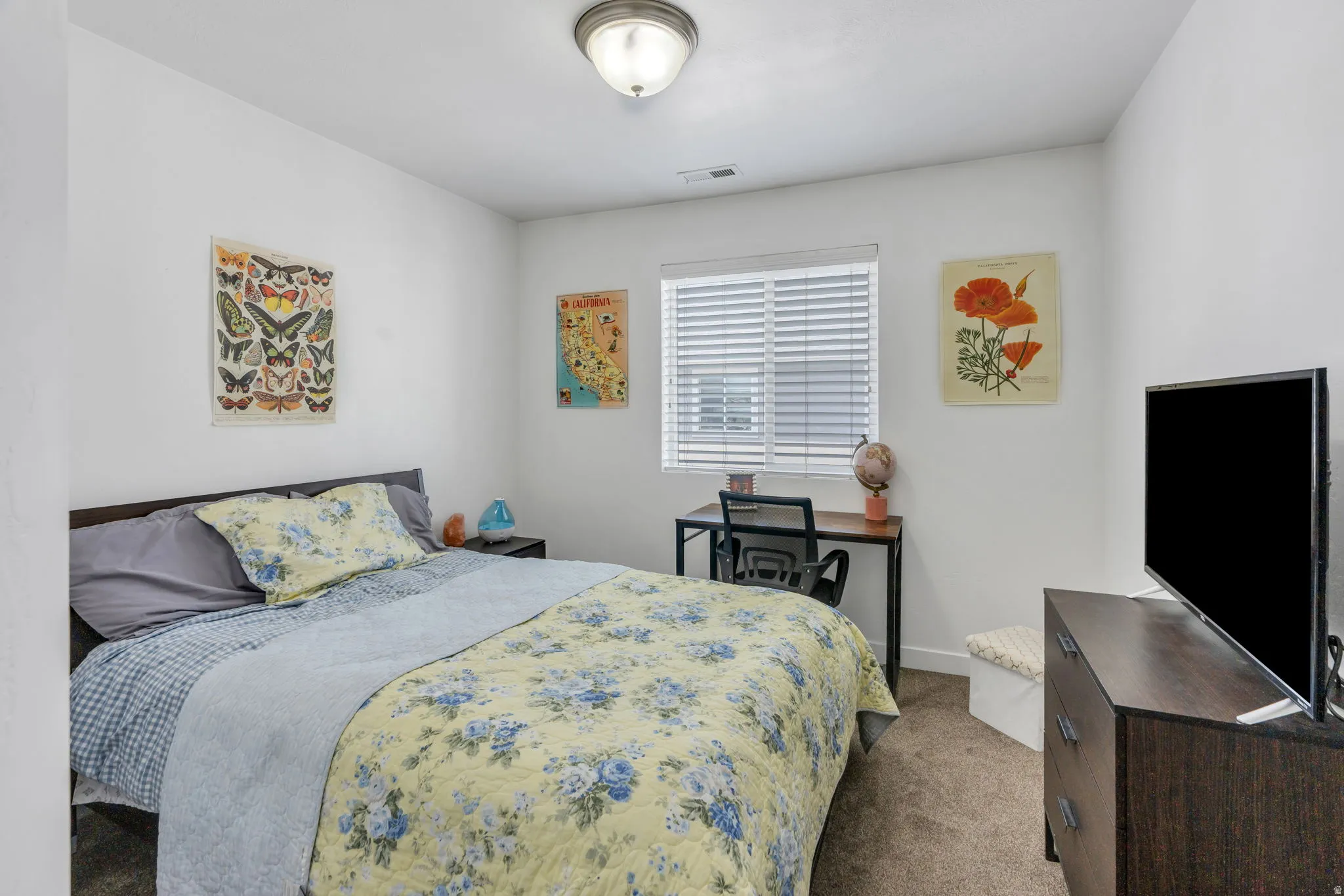 Recessed lighting, window with blinds, and carpeted flooring