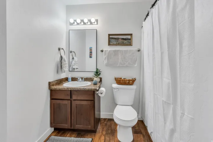 Wood-finish flooring, dark wood vanity with cabinet storage, stone-finish countertop, single basin sink, and a wall-mounted mirror