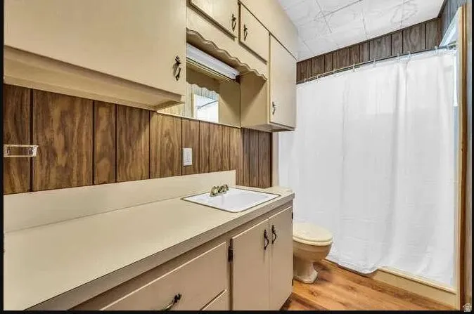 Vanity with an integrated sink and base cabinetry, wood-finish flooring, and a shower with a white curtain