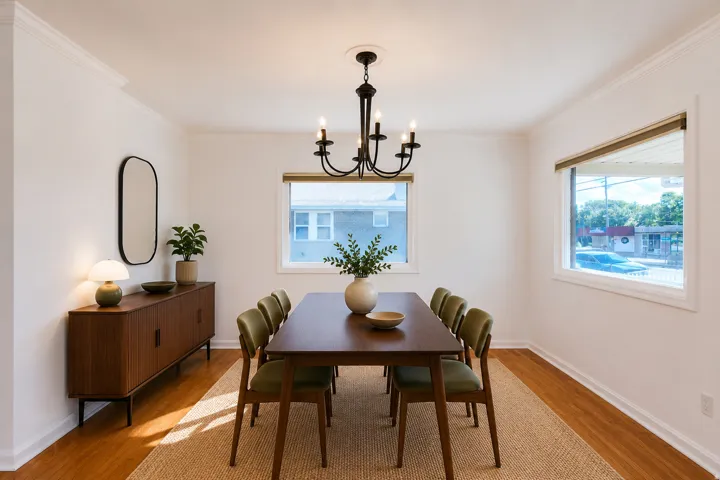 Hardwood-finish flooring, crown molding, two windows with roller shades, and a ceiling-mounted chandelier