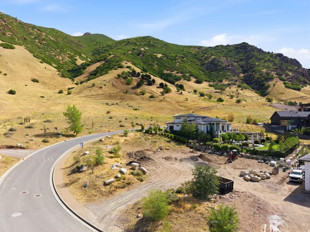 Mountainous terrain backdrop with a residential street and a contemporary home