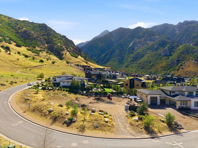 Mountainous terrain, winding asphalt road, and residential properties