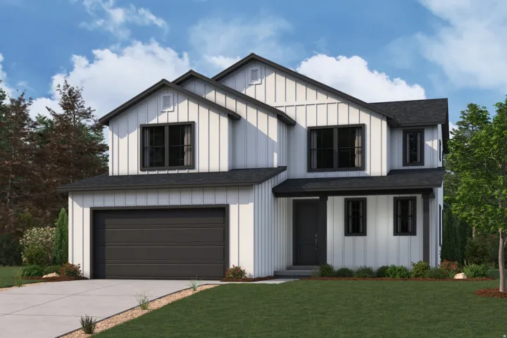 Modern farmhouse exterior with white board and batten siding, dark trim accents, and a dark asphalt shingle roof