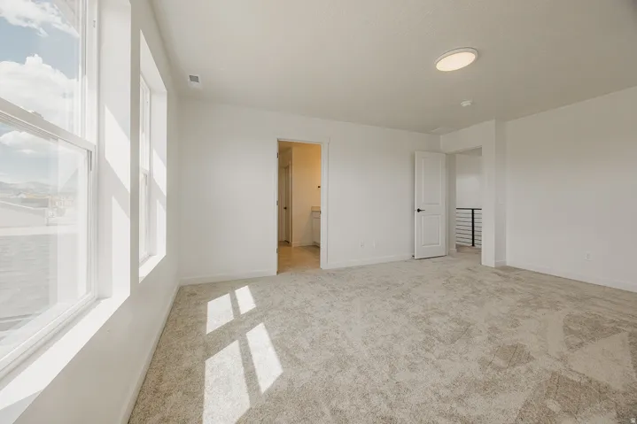 Plush carpeting, bright white walls, multiple windows, a ceiling-mounted light fixture, and a solid core door with black hardware