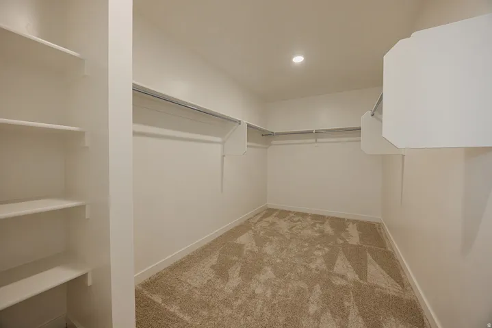 Walk-in closet with built-in shelving, multiple hanging rods, and carpet flooring