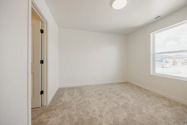 Light-colored carpeting, white painted walls, a single window, and a ceiling-mounted light fixture