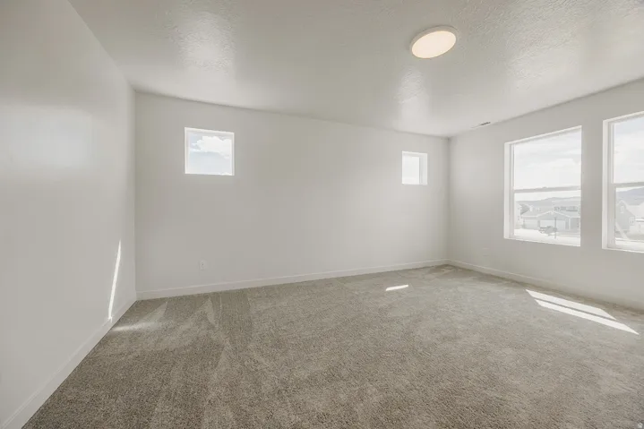 Neutral tone walls, grey carpet flooring, multiple windows, and a ceiling-mounted light fixture