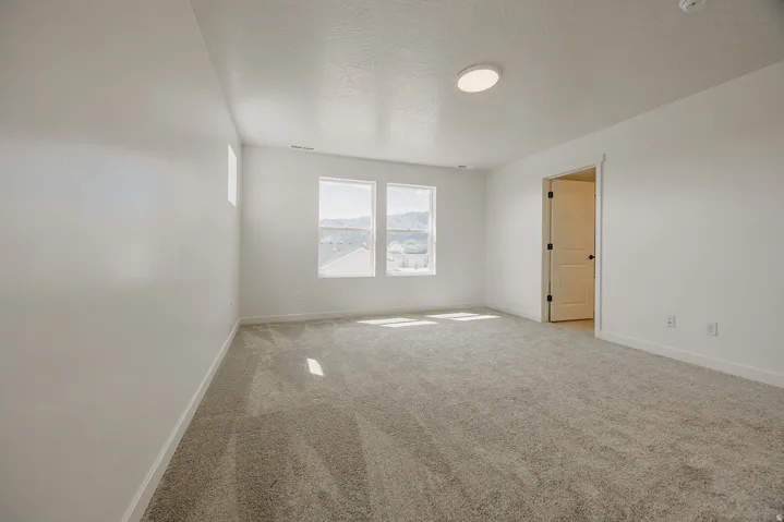 Spacious room featuring neutral carpeting, white walls, multiple windows, and a flush-mount ceiling light