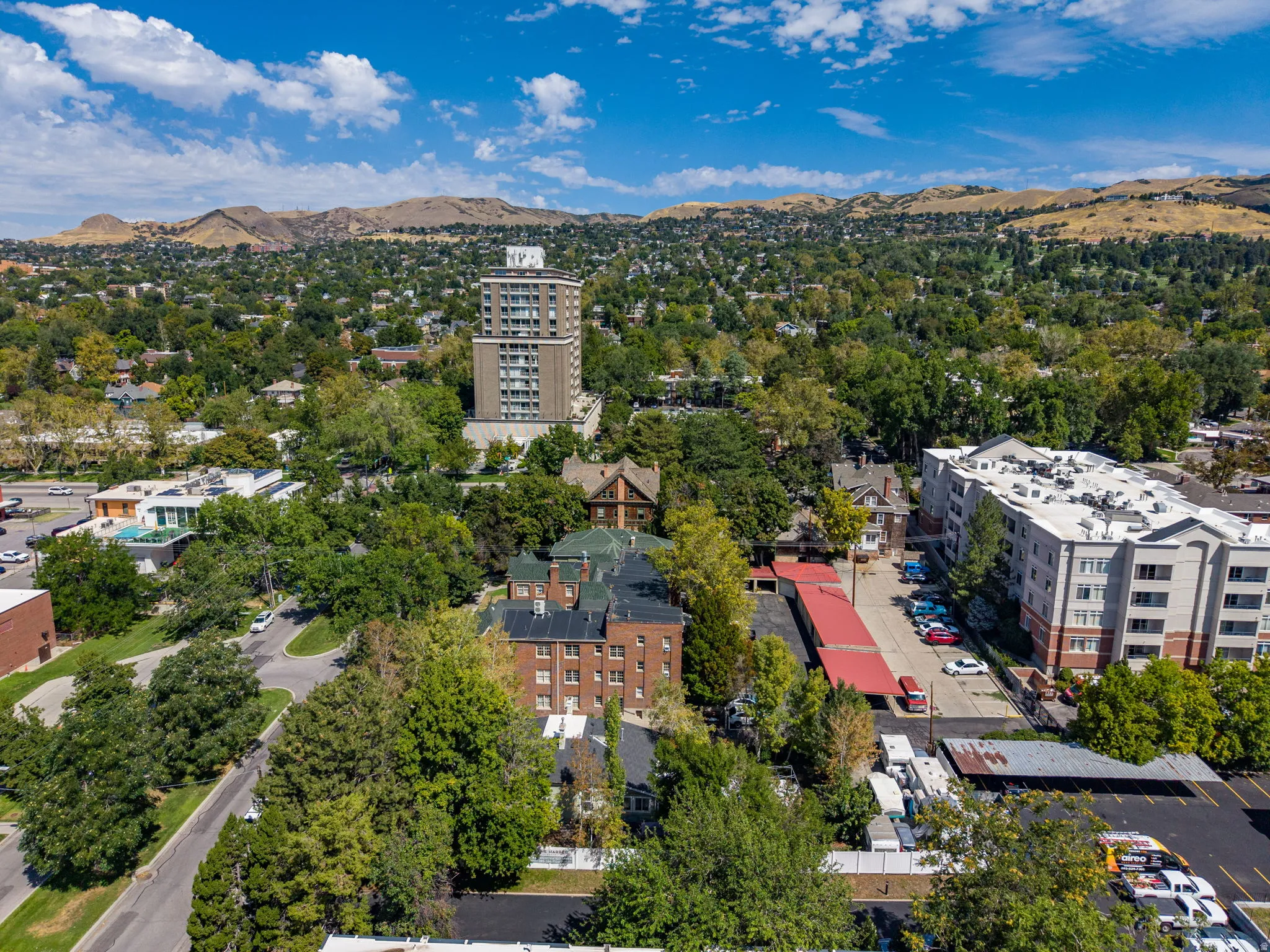 Mature trees, surrounding structures, and distant mountains