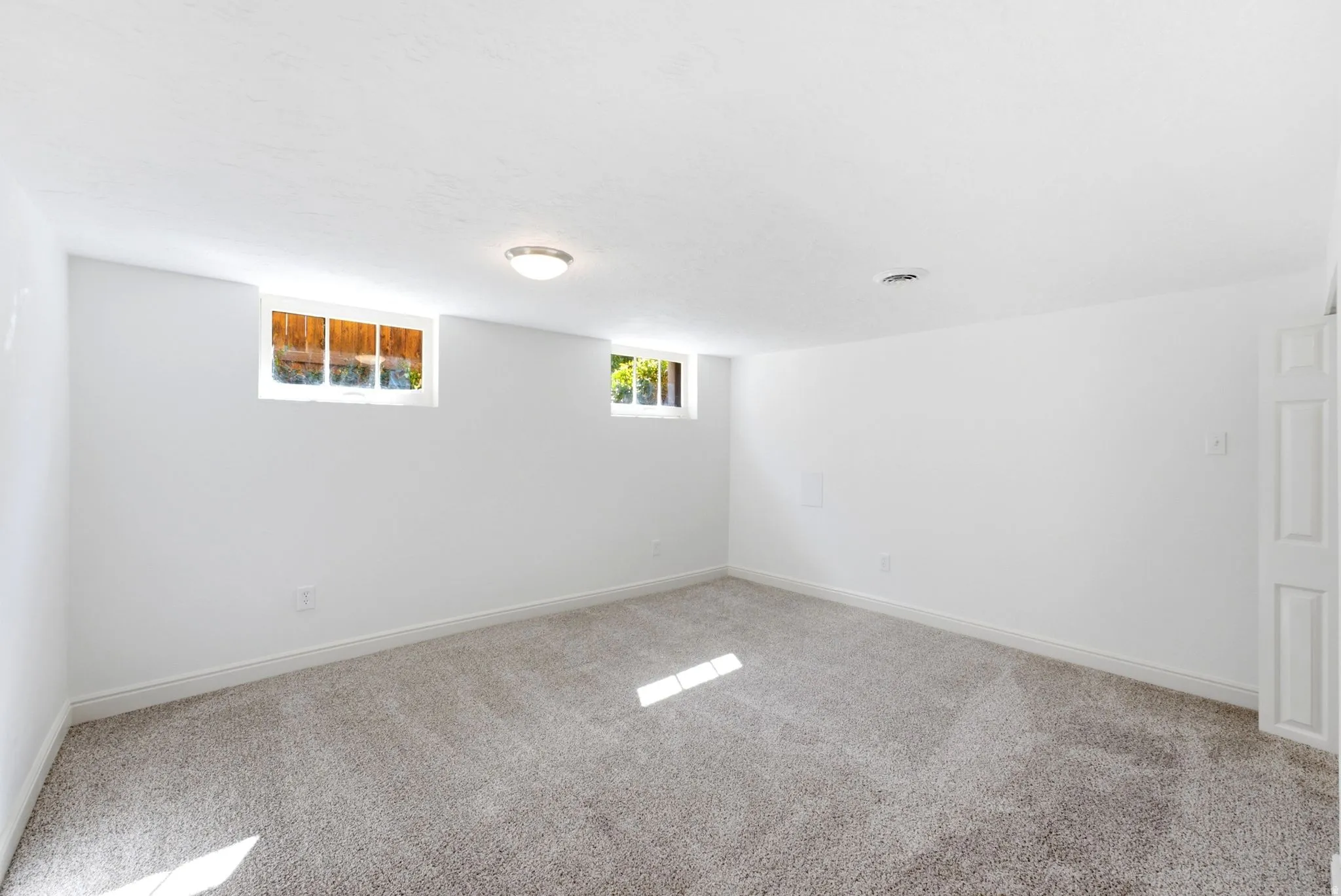Recessed windows, neutral wall finishes, flush mount ceiling fixture, and carpeted flooring
