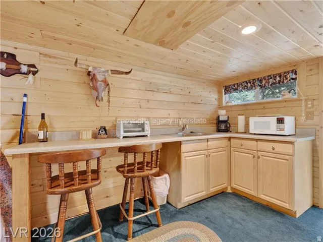 Wood-paneled room with built-in bar seating, corner counter space, and light-tone cabinetry