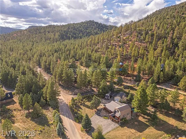 Wooded mountain terrain with a residential structure featuring a gray roof
