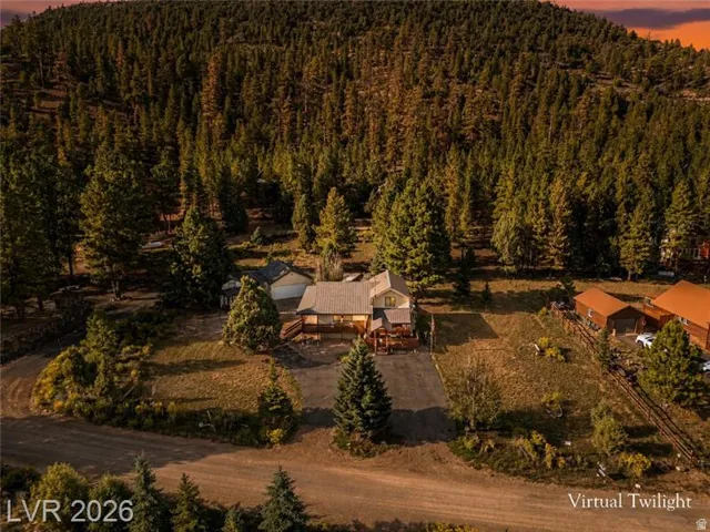 Property surrounded by dense forest, featuring an expansive lot with mature trees and a gravel driveway