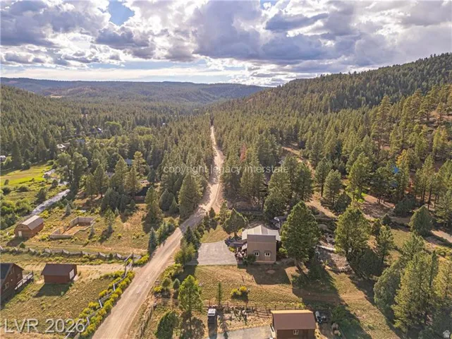 Expansive wooded acreage with a main residence, additional structures, and a natural dirt road