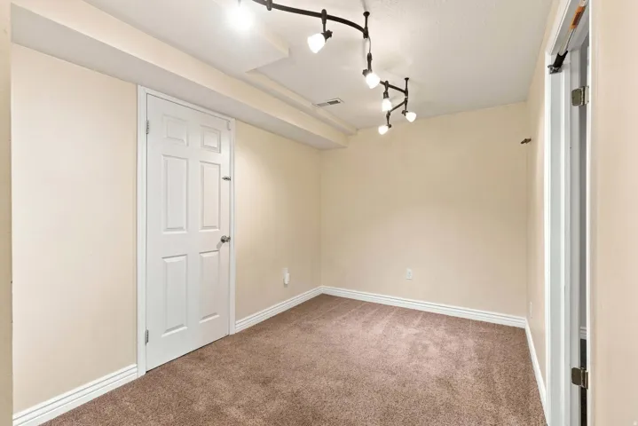Neutral-toned walls complement the track lighting and brown carpet flooring