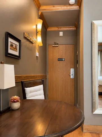 Warm wood-finish door with a lever handle