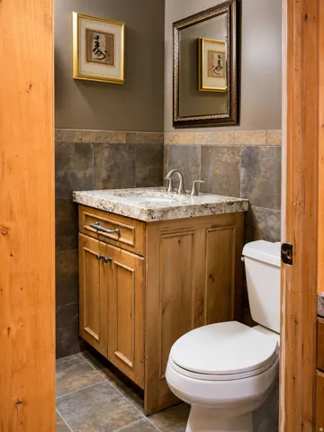 Wood-finish vanity with a light-toned countertop, set against a tiled wainscoting and coordinating floor tiles