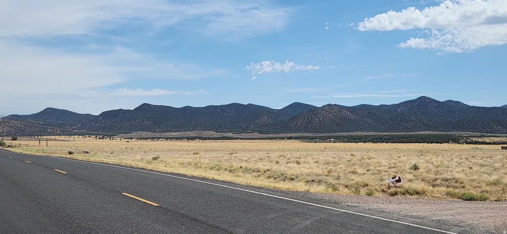 Paved road with double yellow lines, extensive open terrain, and distant mountains