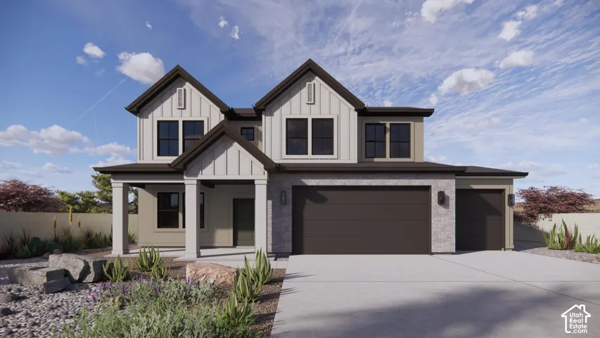 Modern two-story residence featuring board and batten siding, stone facade accents, a covered entry porch, and an attached three-car garage