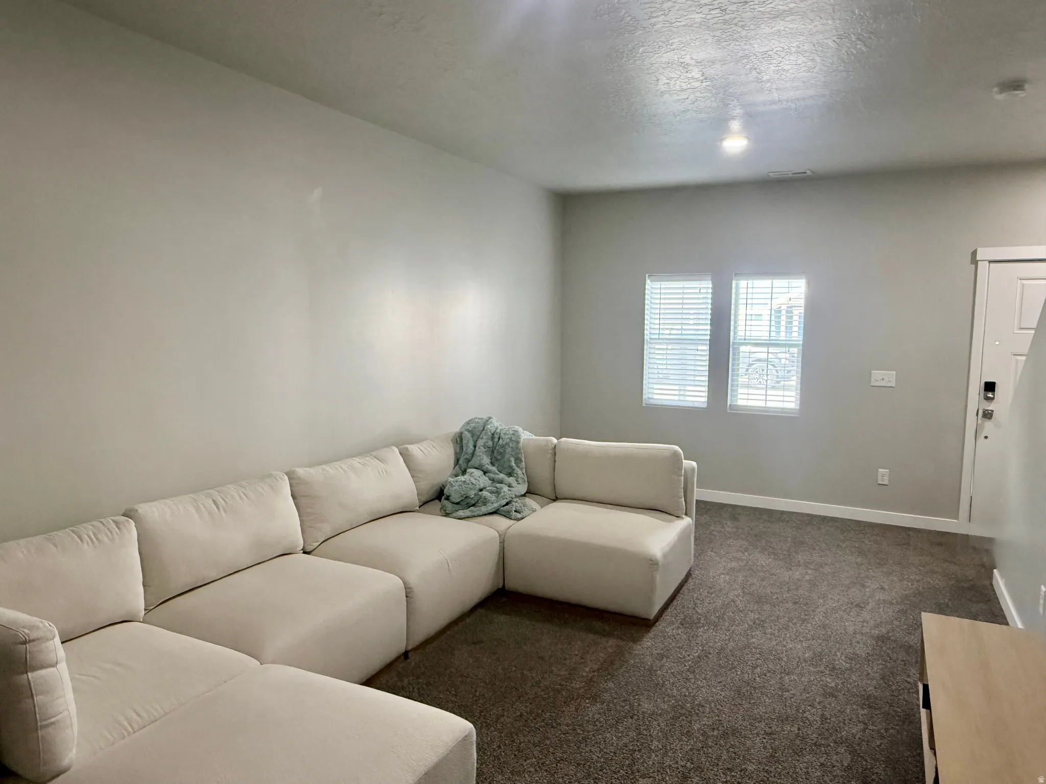 Carpeted flooring, neutral wall color, two windows with blinds, recessed lighting, and a white entry door