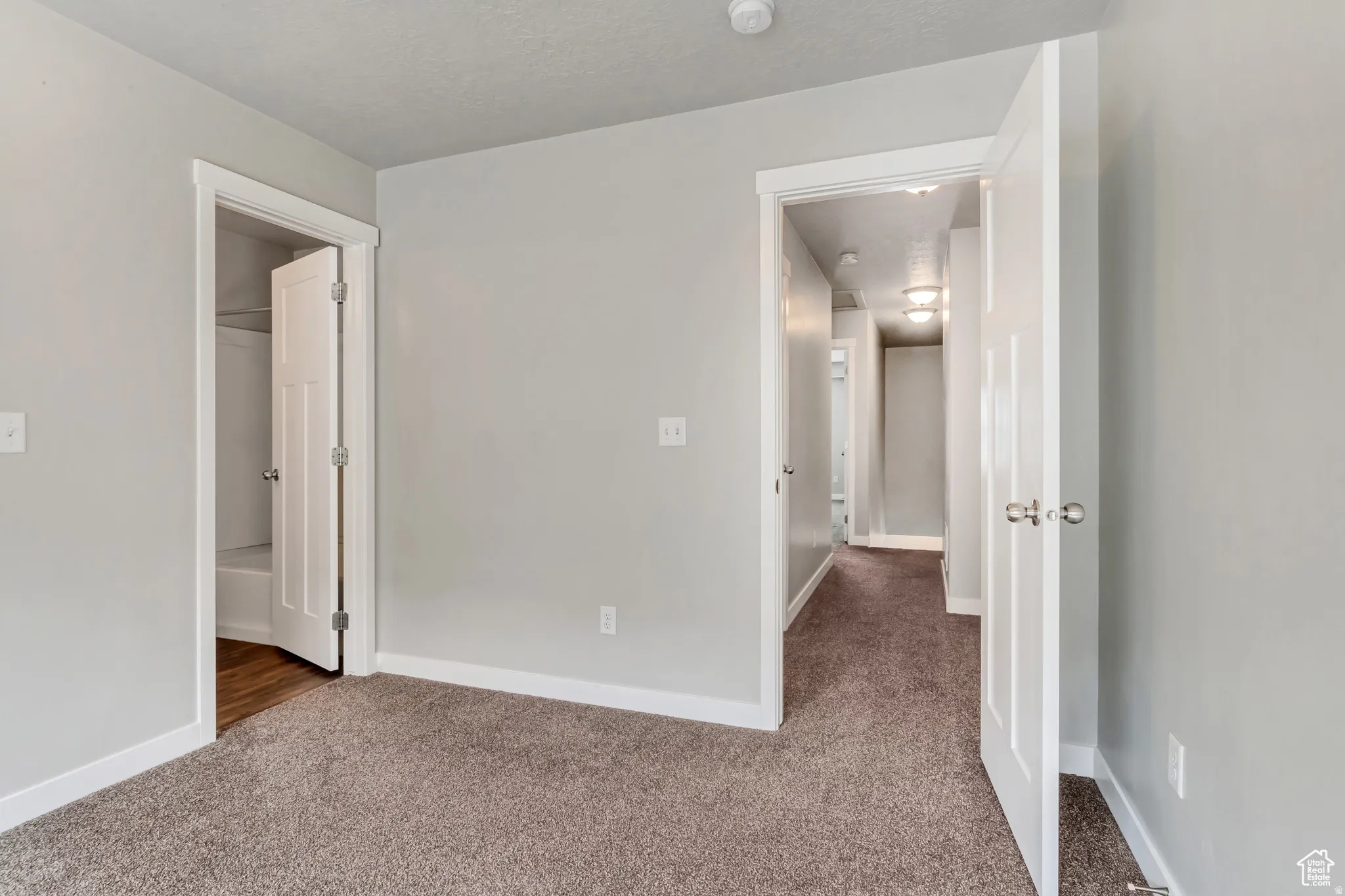 Carpeted flooring, light gray wall paint, white trim, and a paneled interior door