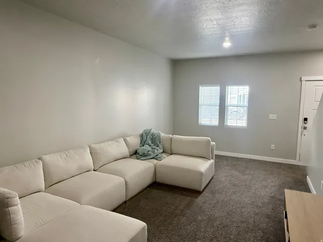 Carpeted flooring, neutral wall color, two windows with blinds, recessed lighting, and a white entry door