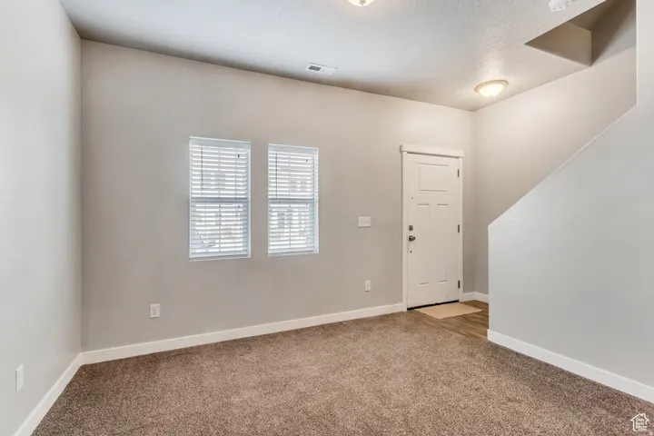 Carpeted living area with two windows featuring blinds, a paneled entry door, and wood-finish flooring at the entryway