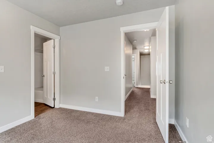 Carpeted flooring, light gray wall paint, white trim, and a paneled interior door