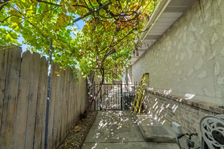 Concrete pathway with an overhead vine-covered trellis, stucco exterior wall, and a brick base