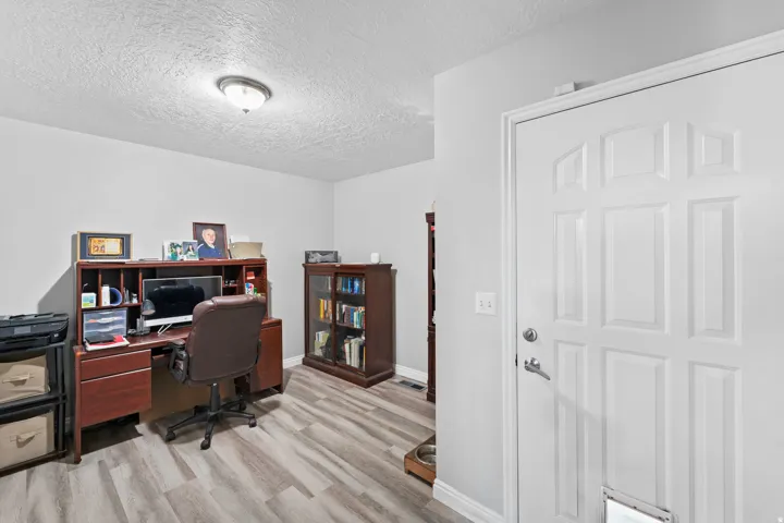 Light gray wall paint, wood-finish flooring, white paneled door, and ceiling-mounted light fixture