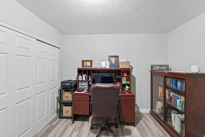 Wood-finish flooring with neutral wall paint and trim