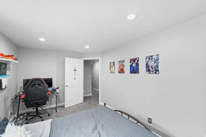 Recessed lighting, painted walls, carpet flooring, and a white interior door