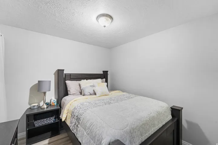 Wood-finish flooring with light gray walls, and a flush mount ceiling light