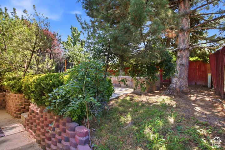 Tiered landscaping with mature trees and a stone retaining wall