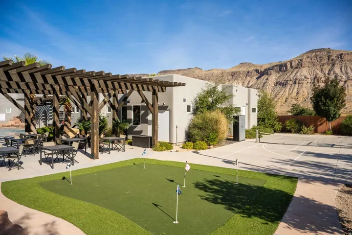 Expansive outdoor patio with a substantial wood pergola