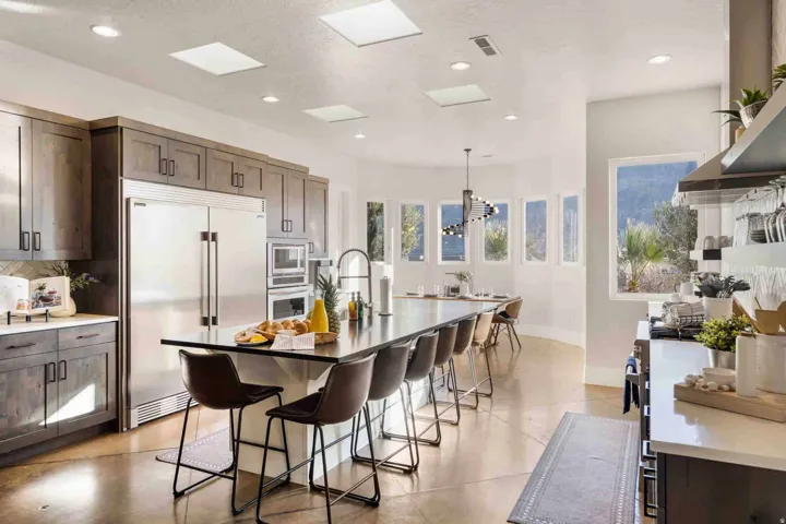 Kitchen featuring stainless steel appliances, dark wood cabinetry, an expansive island with seating, recessed lighting, and multiple skylights