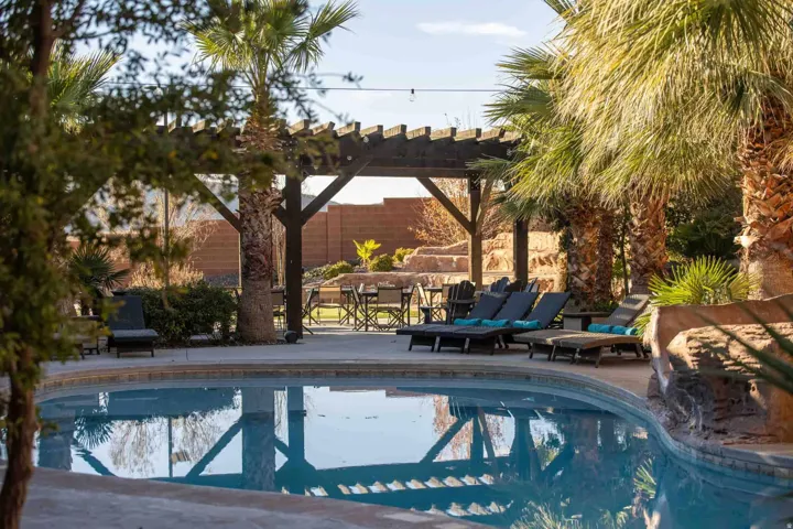 Outdoor pool with a concrete patio, wooden pergola, and mature palm trees