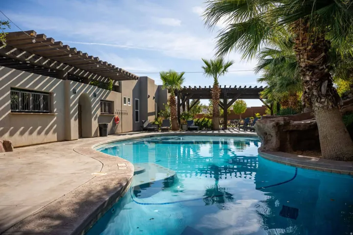 Curved swimming pool with concrete decking, a rock waterfall feature, and surrounding palm trees