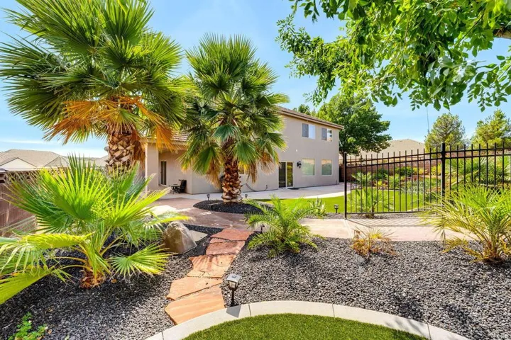 Expansive backyard featuring mature palm trees, a flagstone pathway, and decorative dark gravel landscaping