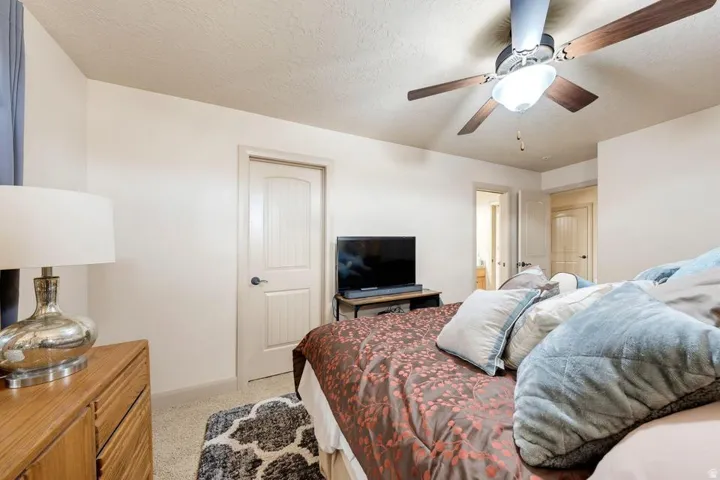 Light-colored walls with textured ceiling, ceiling fan with wood-finish blades and integrated lighting, and carpeted flooring
