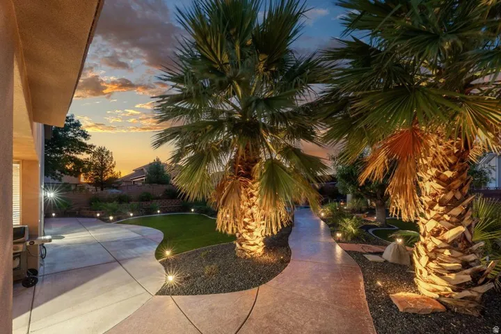 Landscaped exterior featuring mature palm trees, a concrete patio, a winding pathway, and integrated ground lighting