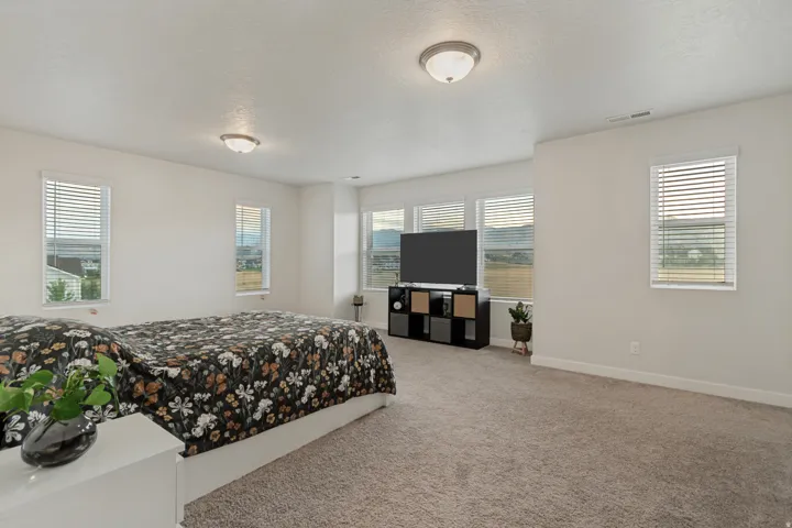 Spacious room featuring carpeting, multiple windows with blinds, and flush-mount ceiling lights