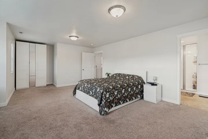 Carpeted flooring throughout, recessed lighting fixtures, and direct access to a bathroom with a glass-enclosed shower