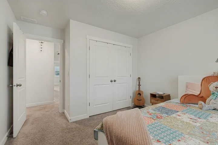 Neutral wall paint, carpeted flooring, white interior doors, and a built-in closet with double doors