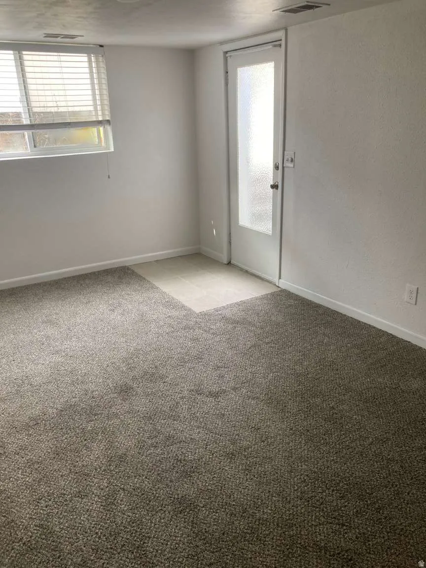 Plush carpeting, a full-lite exterior door, and a window with blinds provide a functional space